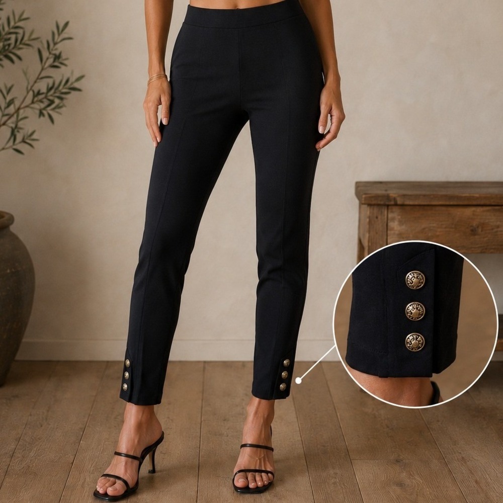 Talbots Womens Black Knit Ponte Pants Gold Crest Button Ankle Pull On Small
